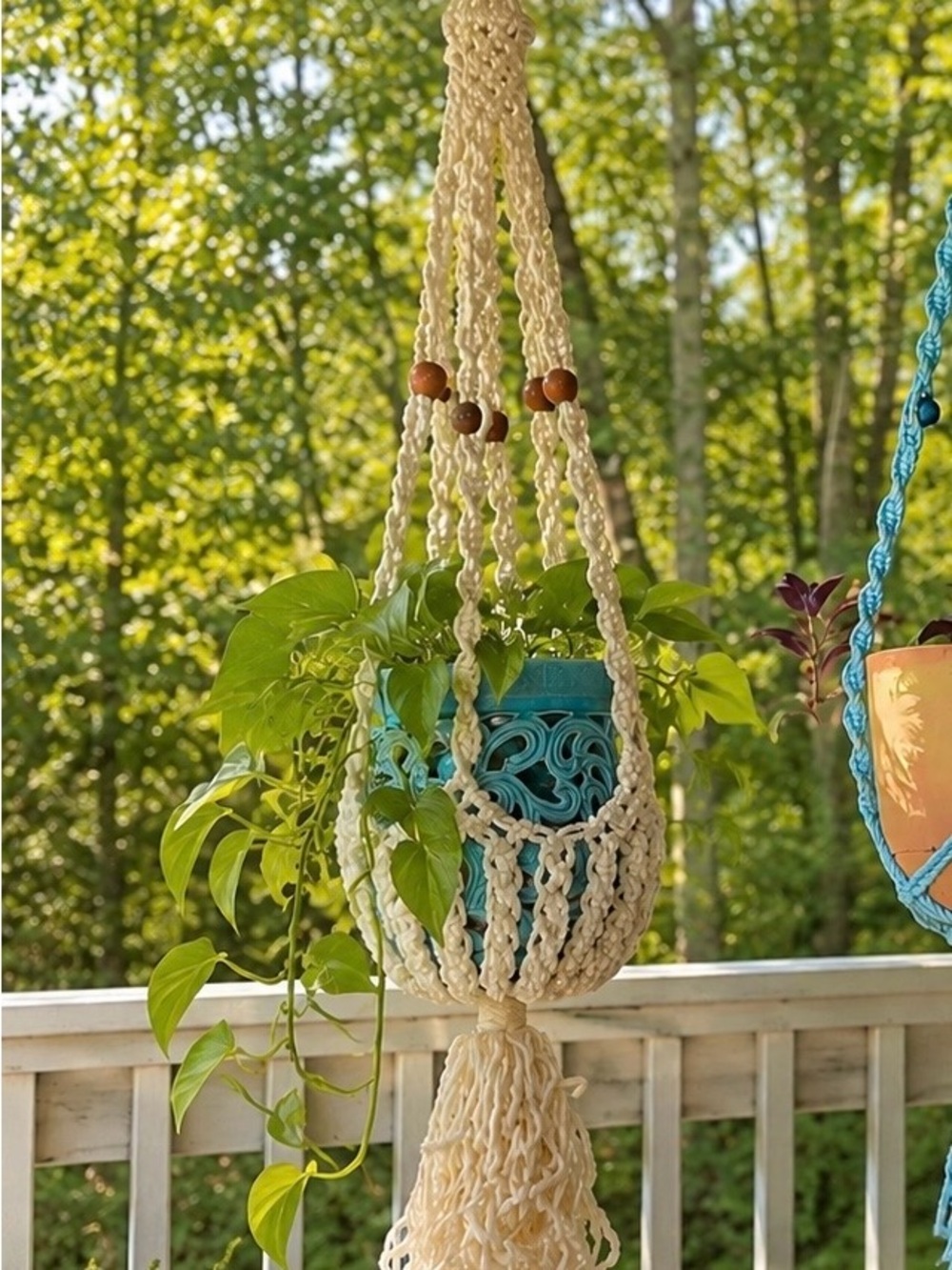 Handmade Cream Macramé Plant Hanger with Wood Beads